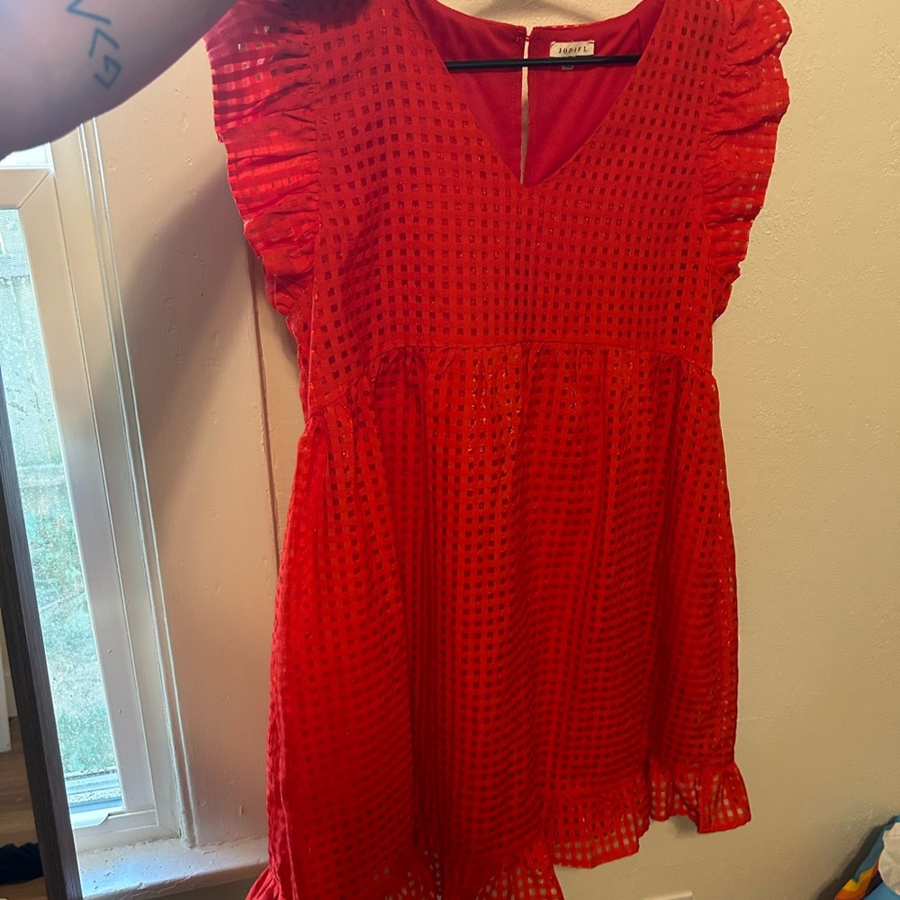 Red V-Neck Dress with Ruffle Sleeves